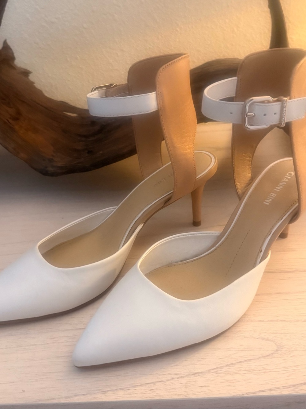 Gianni Bini White & Tan Pointed-Toe Ankle Strap Heels